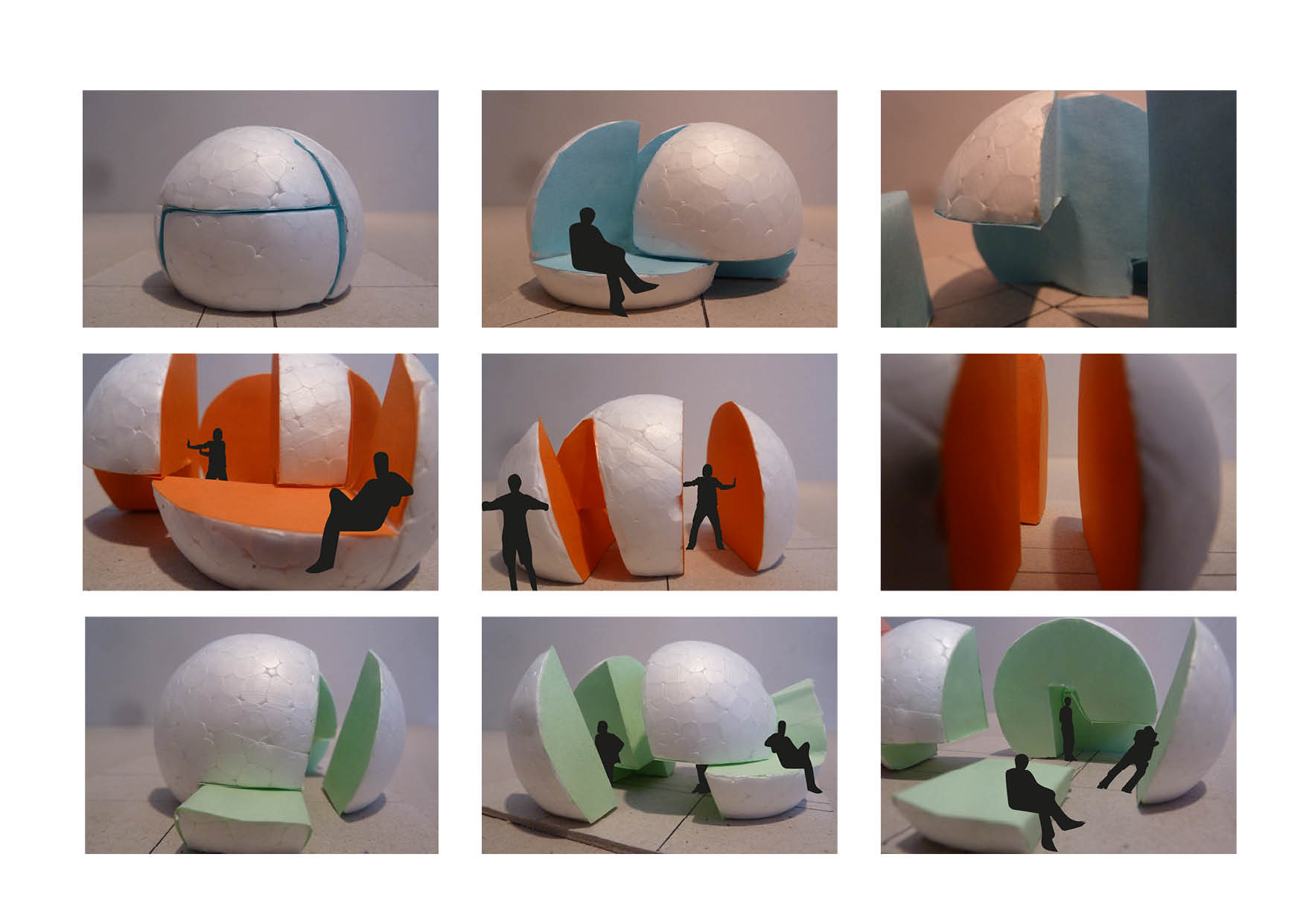 Nine pictures of a scale modules of foam creating a puzzel structure: green, orange and light blue (hemi)sphere with silhouette with playfull/sporty poses. 